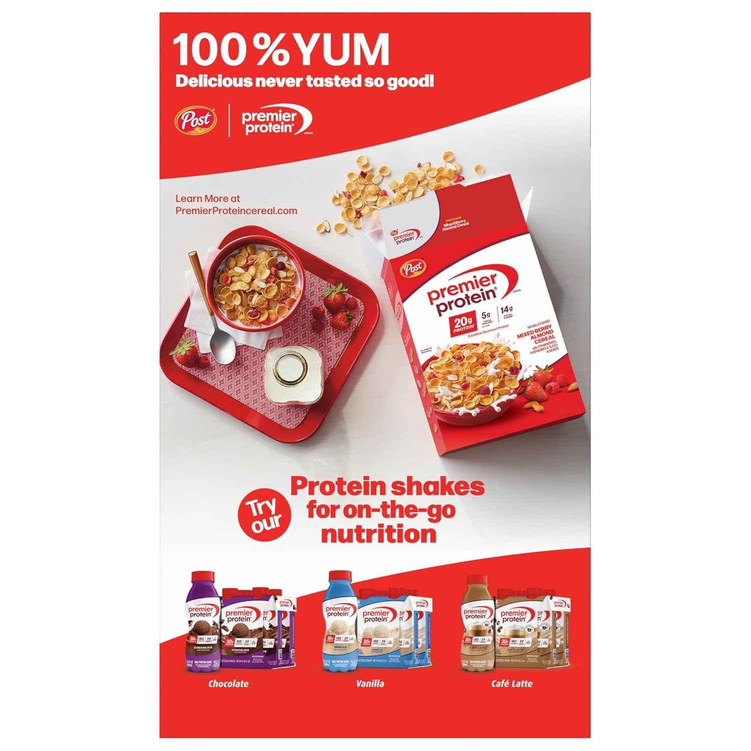 image:imagePremier Protein Chocolate Almond Cereal Chocolatey Protein Breakfast Cereal Flakes with Sliced Almonds Contains 20g of Protein Per Serving 9 oz BoxChocolate