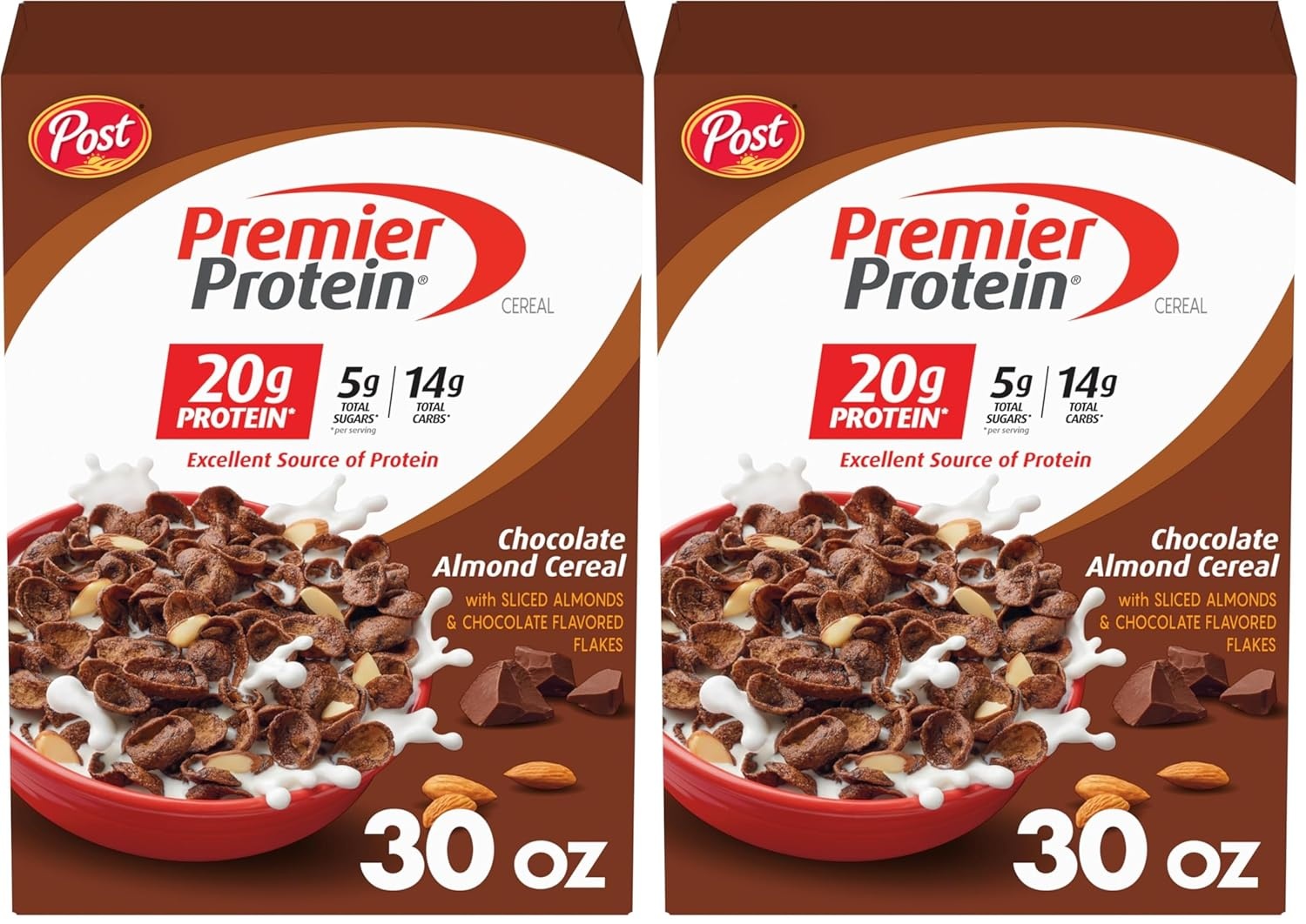 image:imagePremier Protein Chocolate Almond Cereal Chocolatey Protein Breakfast Cereal Flakes with Sliced Almonds Contains 20g of Protein Per Serving 9 oz BoxChocolate Almond
