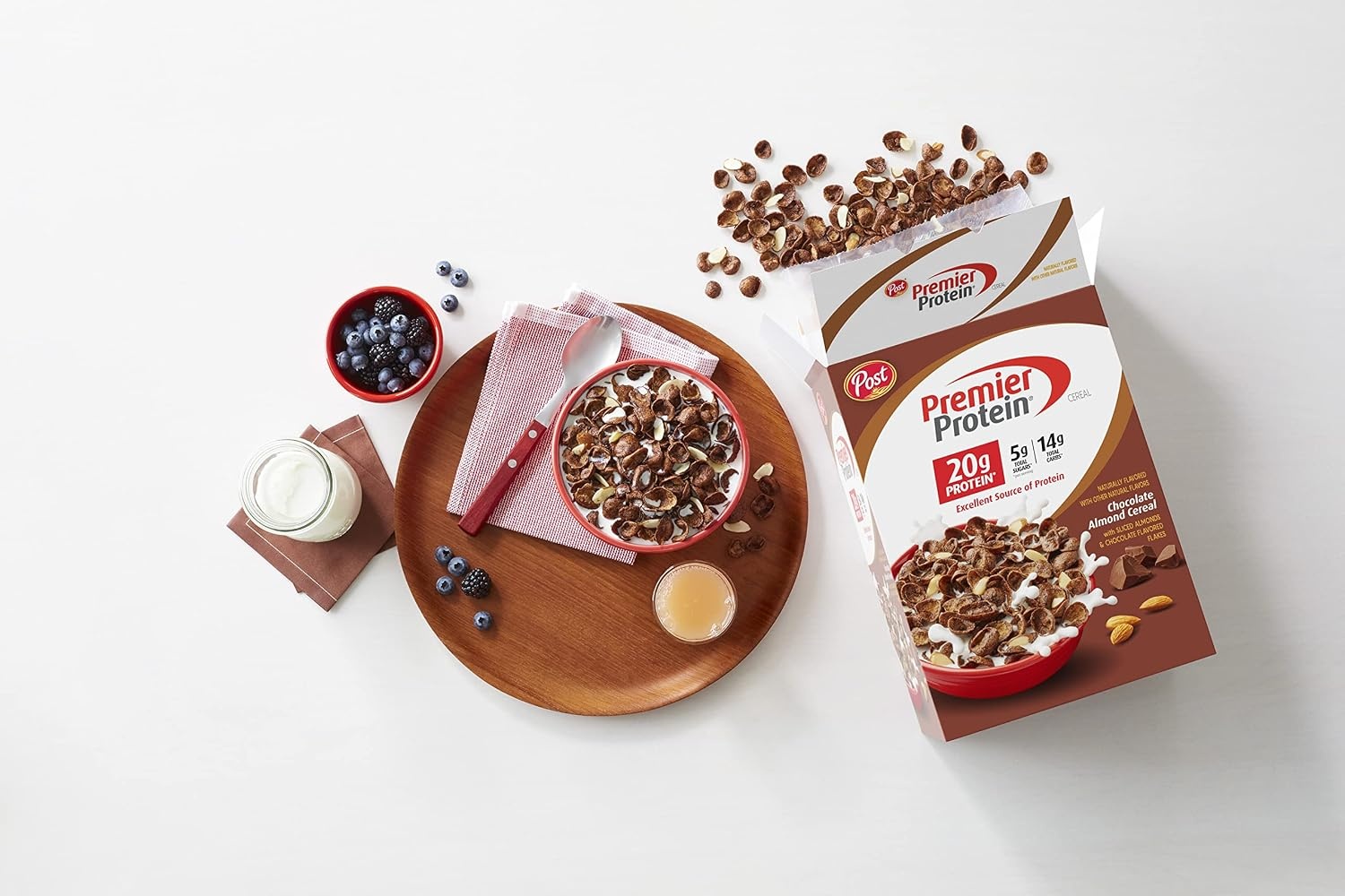 image:imagePremier Protein Chocolate Almond Cereal Chocolatey Protein Breakfast Cereal Flakes with Sliced Almonds Contains 20g of Protein Per Serving 9 oz BoxChocolate Almond