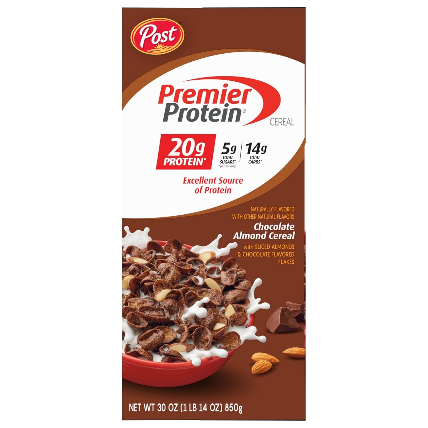 image:imagePremier Protein Chocolate Almond Cereal Chocolatey Protein Breakfast Cereal Flakes with Sliced Almonds Contains 20g of Protein Per Serving 9 oz BoxChocolate Almond