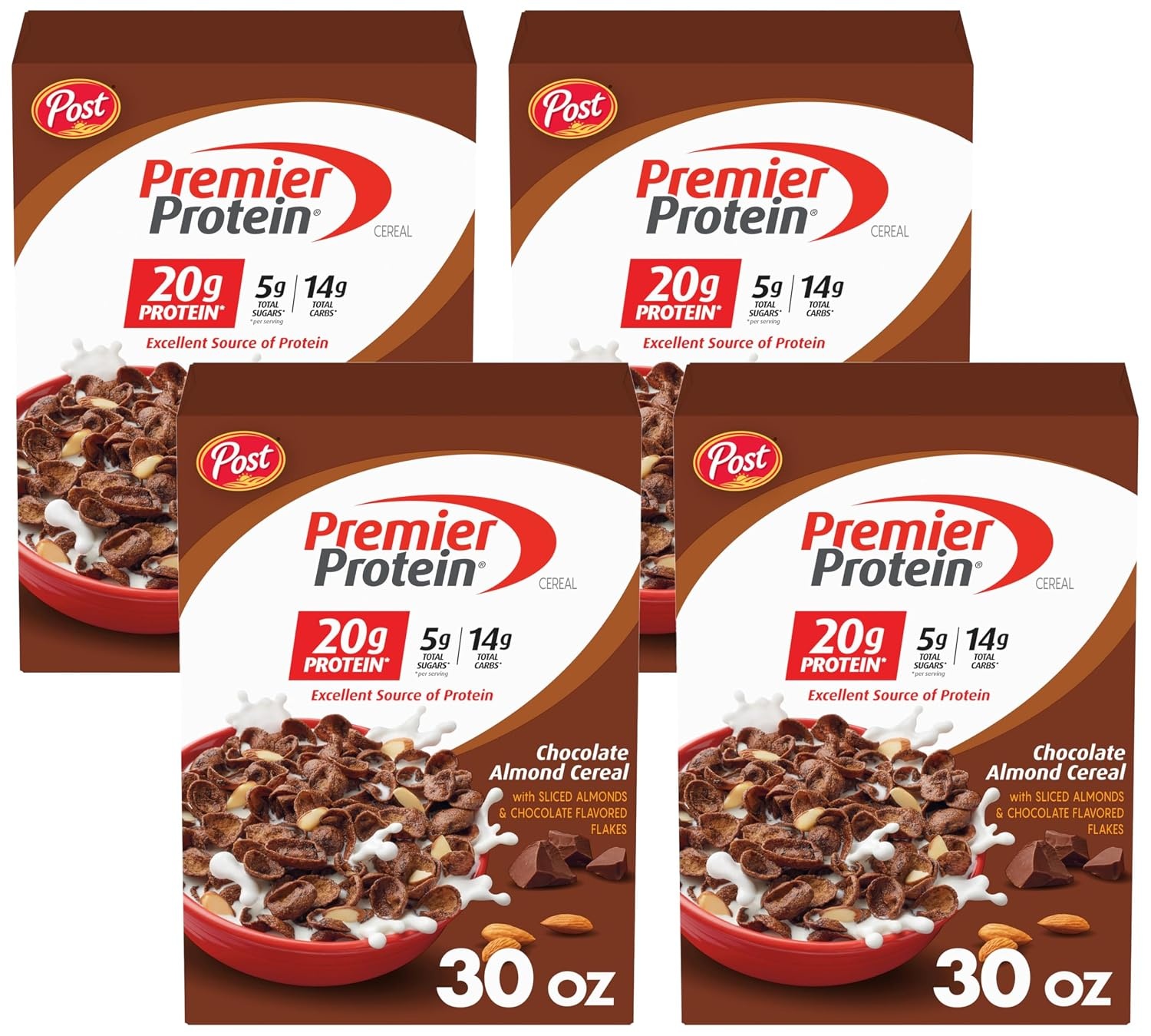image:imagePremier Protein Chocolate Almond Cereal Chocolatey Protein Breakfast Cereal Flakes with Sliced Almonds Contains 20g of Protein Per Serving 9 oz BoxChocolate Almond