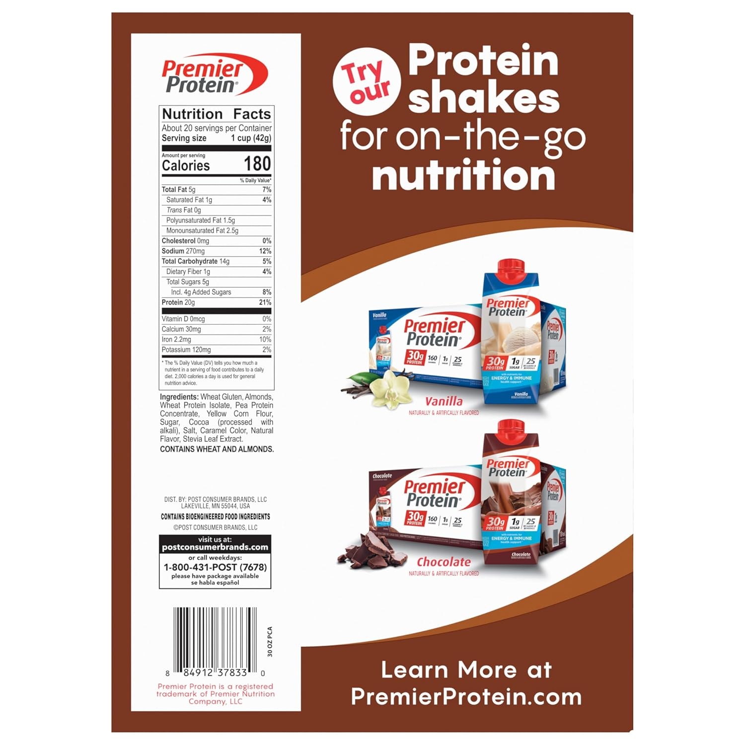 image:imagePremier Protein Chocolate Almond Cereal Chocolatey Protein Breakfast Cereal Flakes with Sliced Almonds Contains 20g of Protein Per Serving 9 oz BoxChocolate Almond