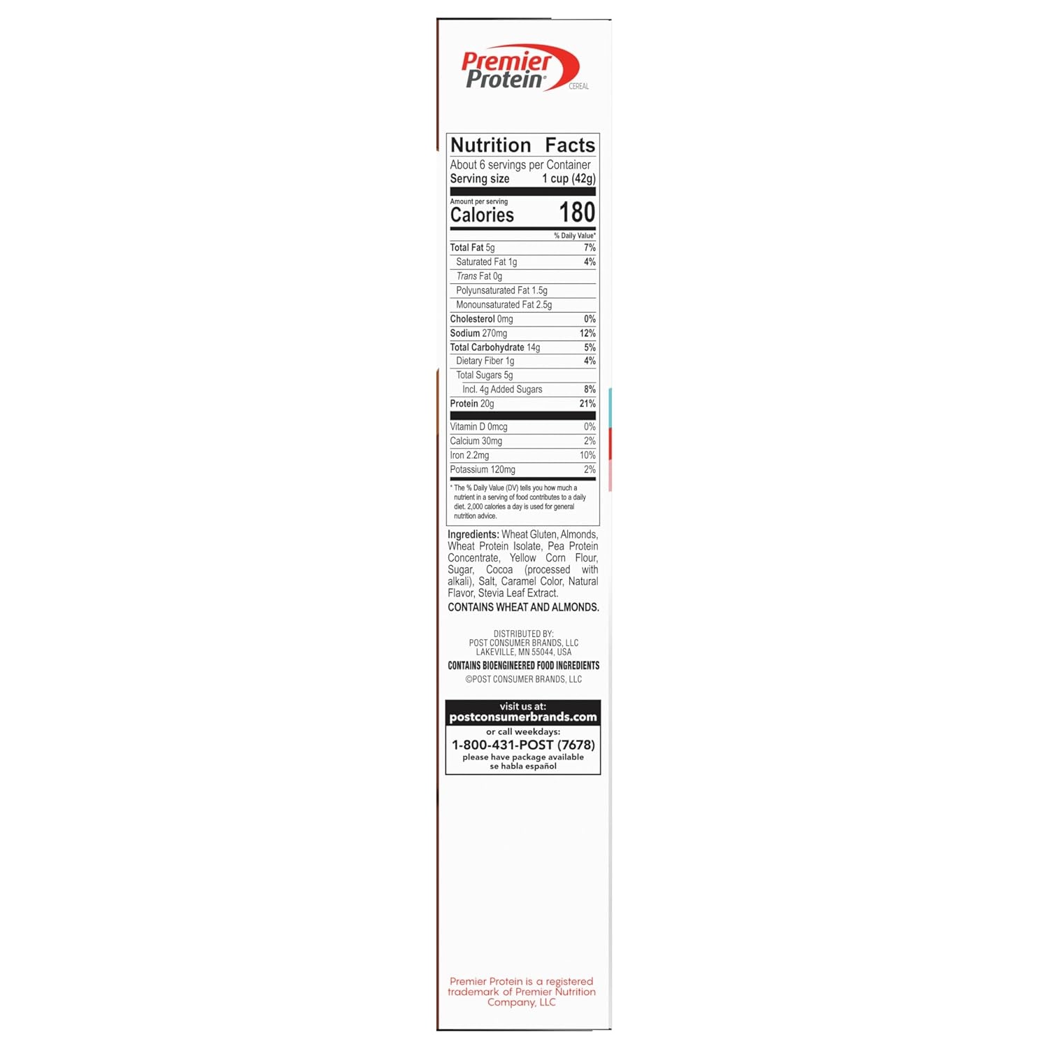 image:imagePremier Protein Chocolate Almond Cereal Chocolatey Protein Breakfast Cereal Flakes with Sliced Almonds Contains 20g of Protein Per Serving 9 oz BoxChocolate