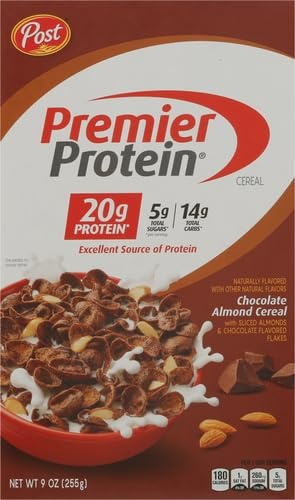 image:imagePremier Protein Chocolate Almond Cereal Chocolatey Protein Breakfast Cereal Flakes with Sliced Almonds Contains 20g of Protein Per Serving 9 oz BoxChocolate