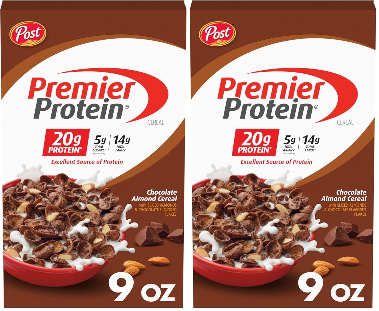 image:imagePremier Protein Chocolate Almond Cereal Chocolatey Protein Breakfast Cereal Flakes with Sliced Almonds Contains 20g of Protein Per Serving 9 oz BoxChocolate
