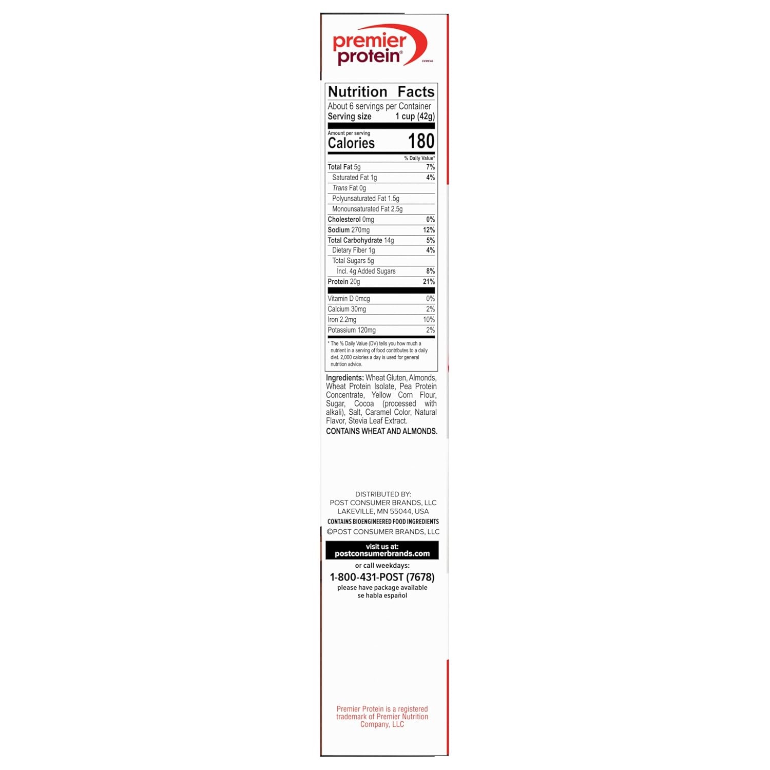 image:imagePremier Protein Chocolate Almond Cereal Chocolatey Protein Breakfast Cereal Flakes with Sliced Almonds Contains 20g of Protein Per Serving 9 oz BoxChocolate