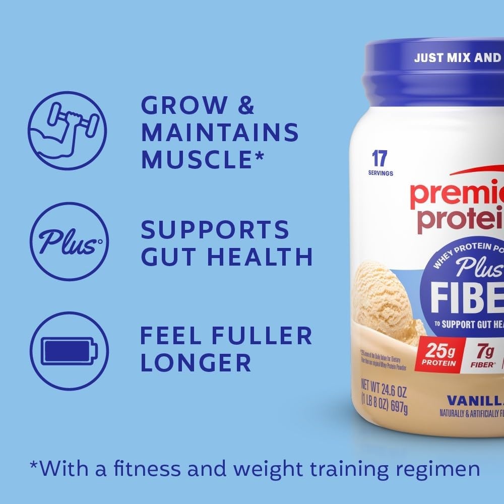 image:imagePremier Protein Powder Plus Fiber Chocolate 25g Protein 7g Fiber to Support Gut Health No Added Sugar 17 ServingsVanilla