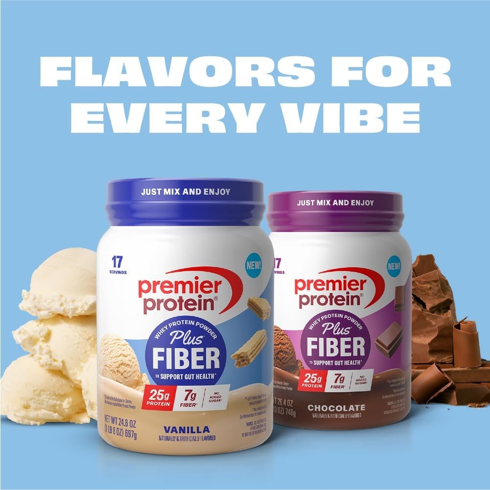 image:imagePremier Protein Powder Plus Fiber Chocolate 25g Protein 7g Fiber to Support Gut Health No Added Sugar 17 ServingsVanilla