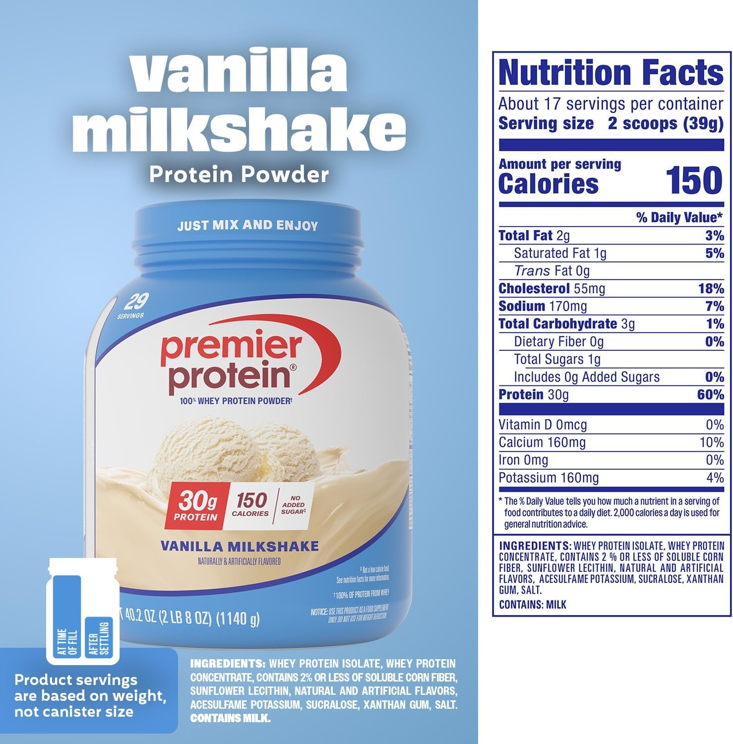 image:imagePremier Protein Powder Vanilla Milkshake 30g Protein 1g Sugar 100 Whey Protein Keto Friendly No Soy Gluten Free 233 oz 17 ServingsVanilla