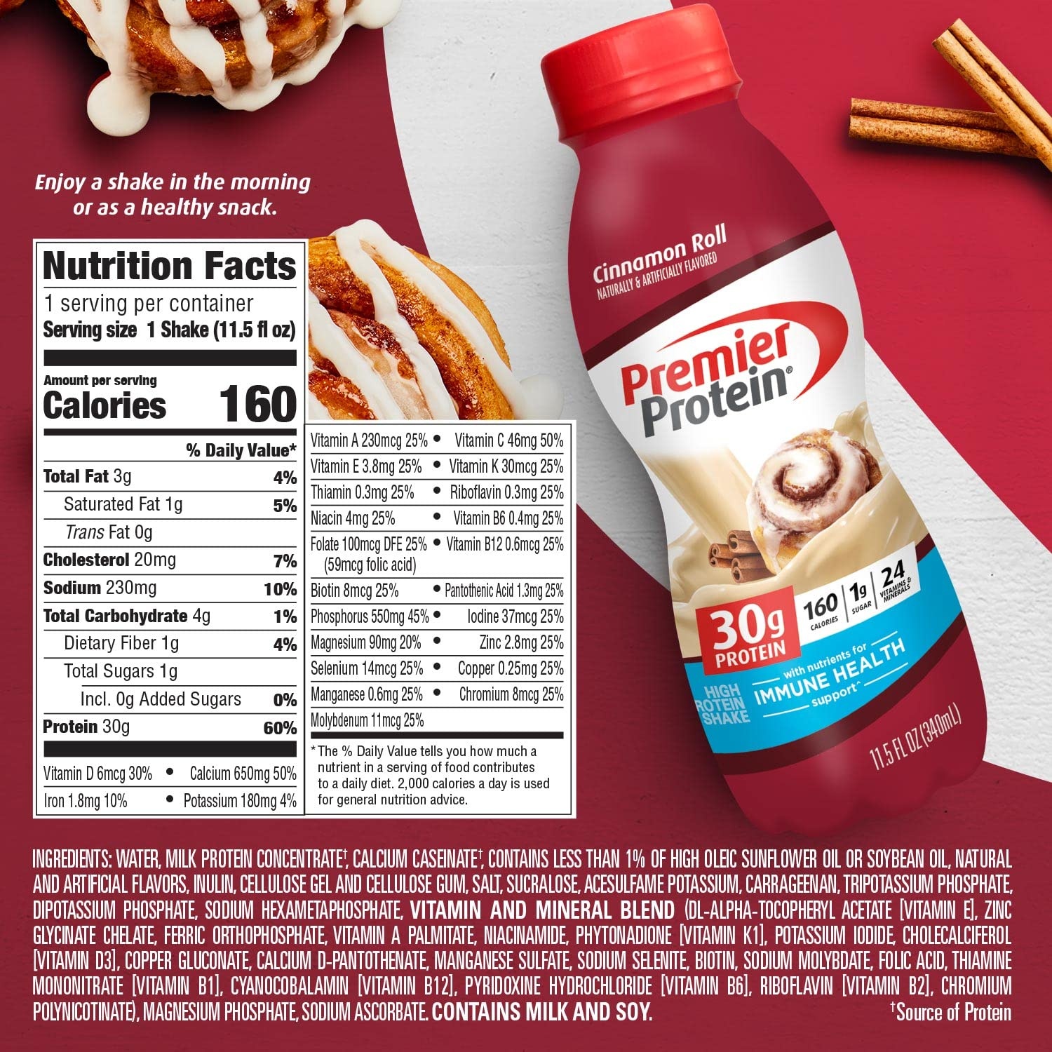 image:imagePremier Protein Shake Cinnamon Roll 30g Protein No Added Sugar 24 Vitamins amp Minerals to Support Immune Health GlutenFree 115 fl oz 12 PackCinnamon Roll