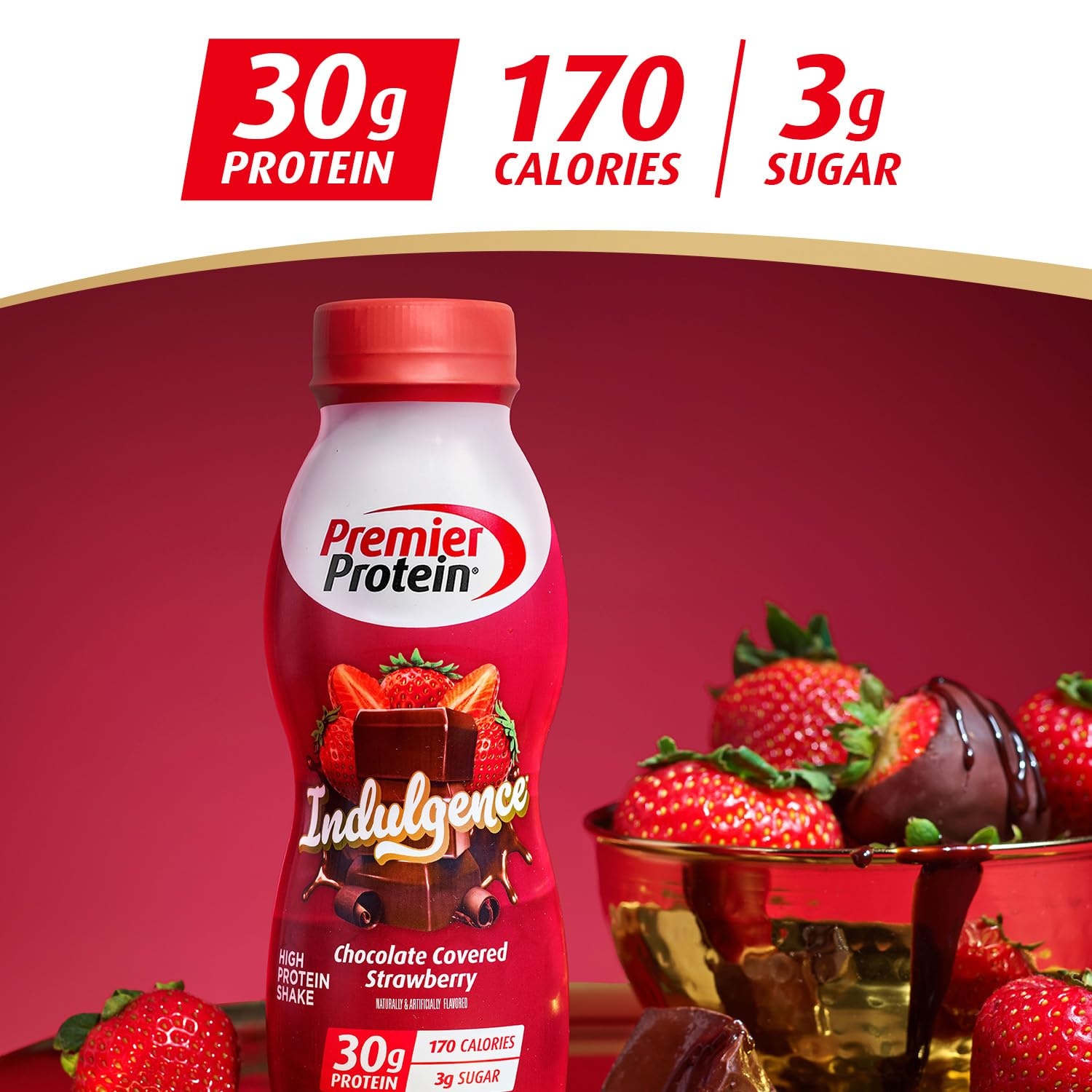 image:imagePremier Protein Shake INDULGENCE Chocolate Covered Strawberry 30g Protein 170 Calories 3g Sugar 115 fl oz 12 Pack Packaging May VaryChocolate Covered Strawberry