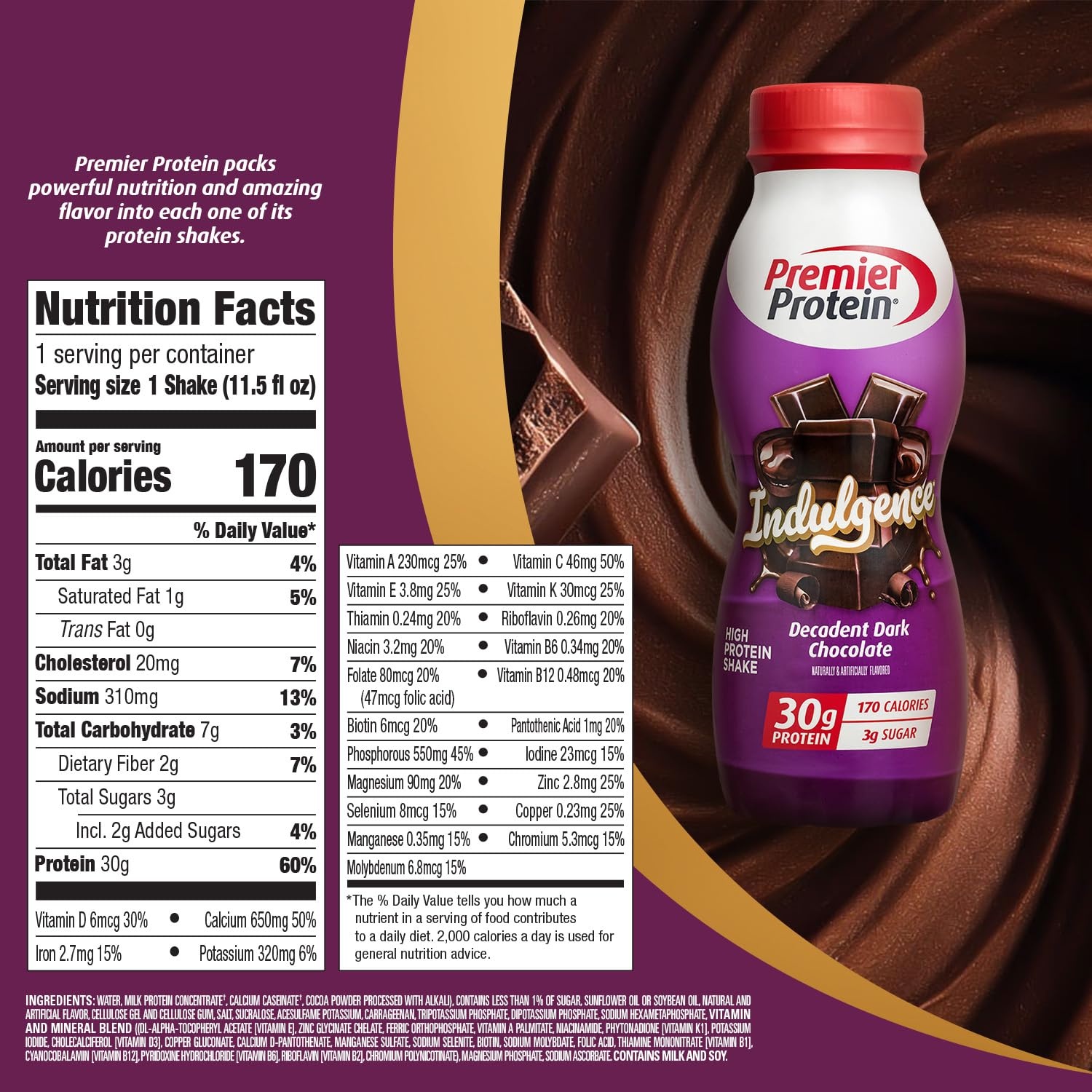image:imagePremier Protein Shake INDULGENCE Chocolate Covered Strawberry 30g Protein 170 Calories 3g Sugar 115 fl oz 12 Pack Packaging May VaryDecadent Dark Chocolate