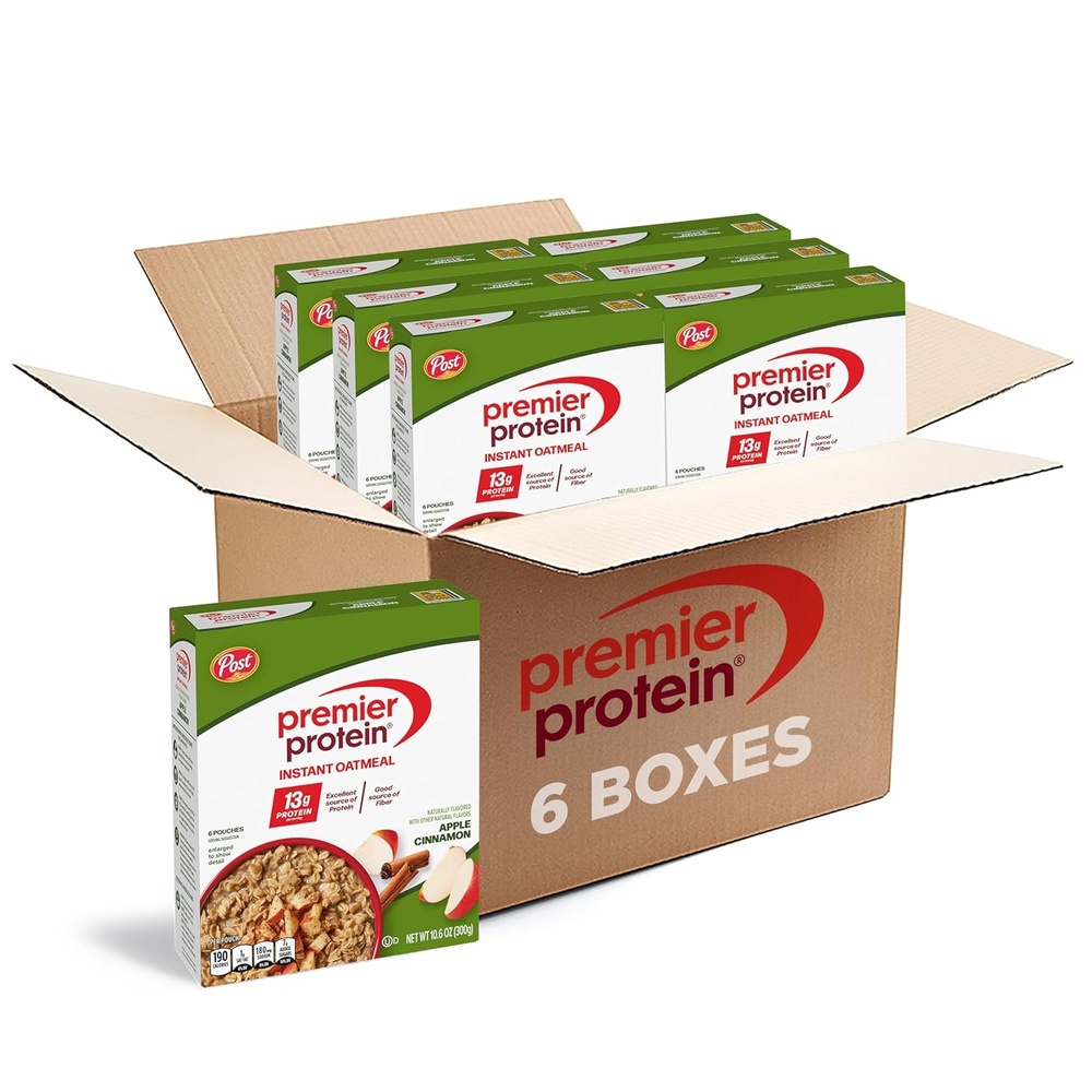 image:imagePremier Protein Apple amp Cinnamon Flavored High Protein Breakfast Oatmeal Instant Oats Fiber Rich 106 oz Box of 6 Pouches Pack of 6