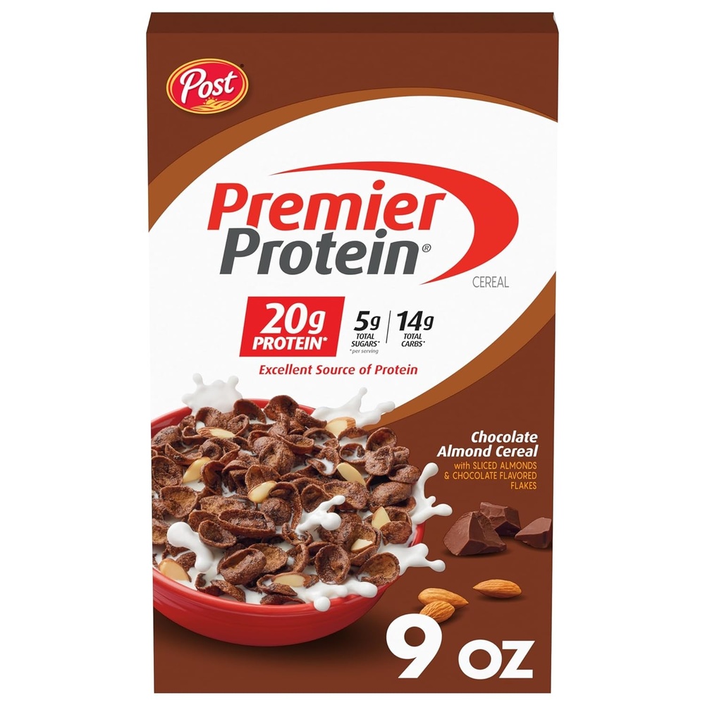 image:imagePremier Protein Chocolate Almond Cereal Chocolatey Protein Breakfast Cereal Flakes with Sliced Almonds Contains 20g of Protein Per Serving 9 oz BoxChocolate