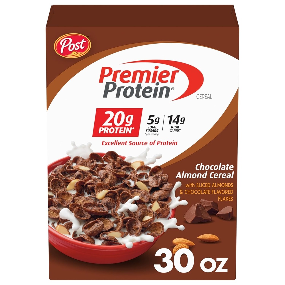 image:imagePremier Protein Chocolate Almond Cereal Chocolatey Protein Breakfast Cereal Flakes with Sliced Almonds Contains 20g of Protein Per Serving 9 oz BoxChocolate Almond