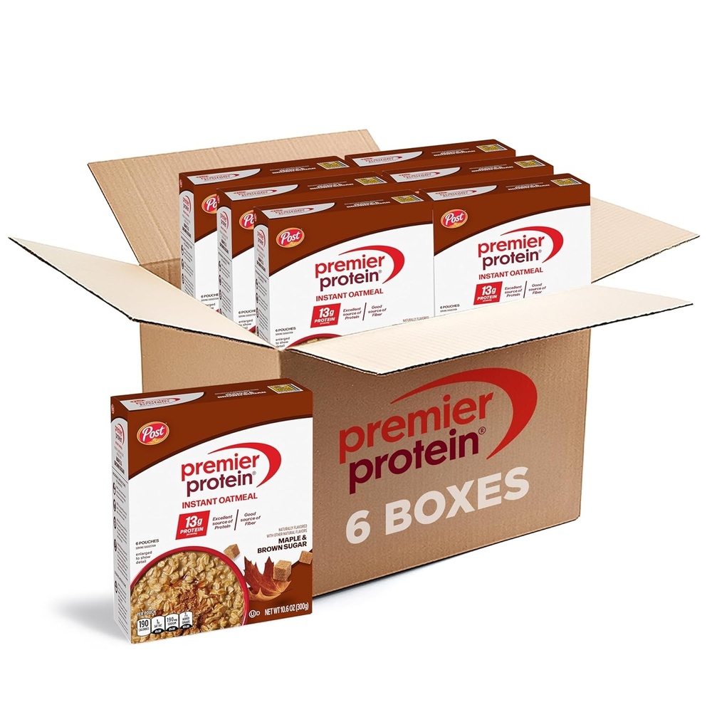 image:imagePremier Protein Maple amp Brown Sugar Flavored High Protein Breakfast Oatmeal Instant Oats Fiber Rich 106 oz Box of 6 Pouches Pack of 6