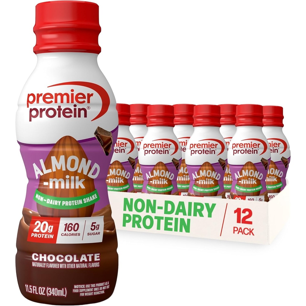 image:imagePremier Protein NonDairy Plant Based Almondmilk Protein Shake Vanilla 20g Protein 5g Sugar GlutenFree 115 Fl oz 12 PackChocolate