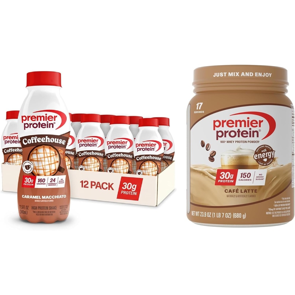 image:imagePremier Protein Powder Vanilla Milkshake 30g Protein 1g Sugar 100 Whey Protein Keto Friendly No Soy Gluten Free 233 oz 17 ServingsBundle Caramel Macchiato Caf Latte
