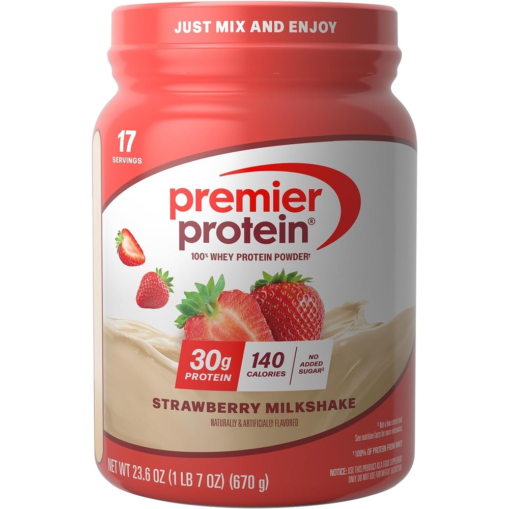 image:imagePremier Protein Powder Vanilla Milkshake 30g Protein 1g Sugar 100 Whey Protein Keto Friendly No Soy Gluten Free 233 oz 17 ServingsStrawberry