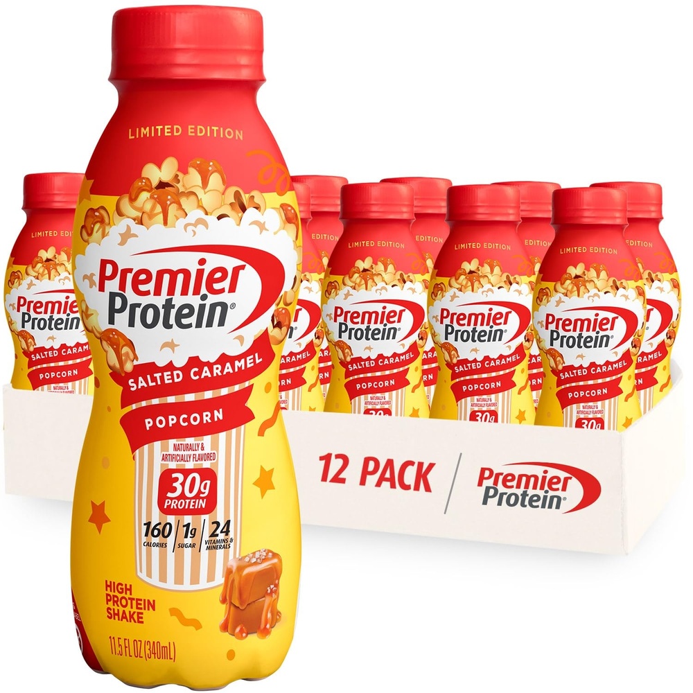 image:imagePremier Protein Shake LIMITED EDITION Salted Caramel Popcorn 30g Protein 1g Sugar 24 Vitamins amp Minerals to Support Immune Health GlutenFree 115 fl oz 12 Pack