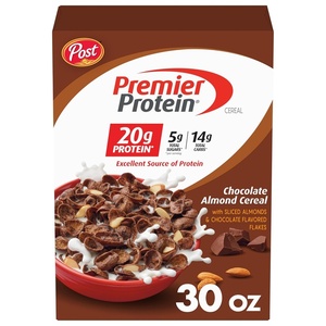Premier Protein Chocolate Almond Cereal, Chocolatey Protein Breakfast Cereal Flakes with Sliced Almonds, Contains 20g of Protein Per Serving, 9 oz Box(Chocolate Almond)