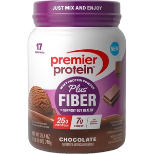 Premier Protein Powder Plus Fiber, Chocolate, 25g Protein, 7g Fiber to Support Gut Health, No Added Sugar (17 Servings)(Chocolate)