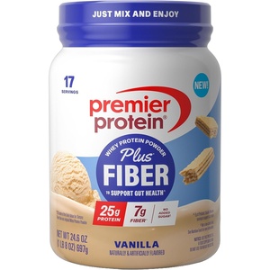 Premier Protein Powder Plus Fiber, Chocolate, 25g Protein, 7g Fiber to Support Gut Health, No Added Sugar (17 Servings)(Vanilla)