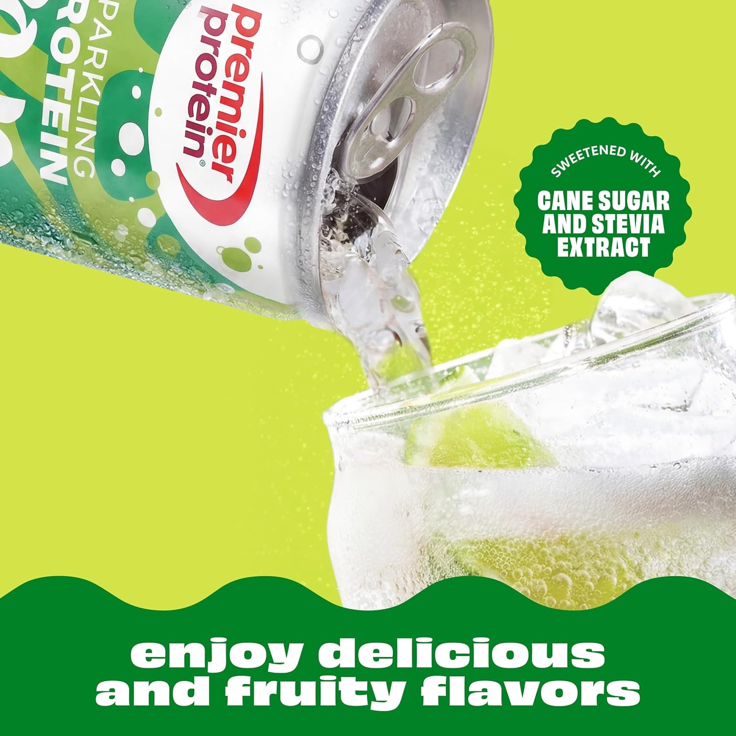 image:imagePremier Protein Sparkling Protein Soda Lemon Lime 15g Whey 12 Pack Soft Drink with Benefits 5 Ingredients No Artificial Colors or Flavors 3g Sugar 12 ozLemon Lime