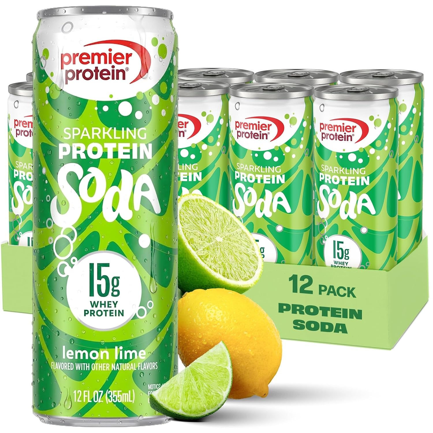 image:imagePremier Protein Sparkling Protein Soda Lemon Lime 15g Whey 12 Pack Soft Drink with Benefits 5 Ingredients No Artificial Colors or Flavors 3g Sugar 12 ozLemon Lime