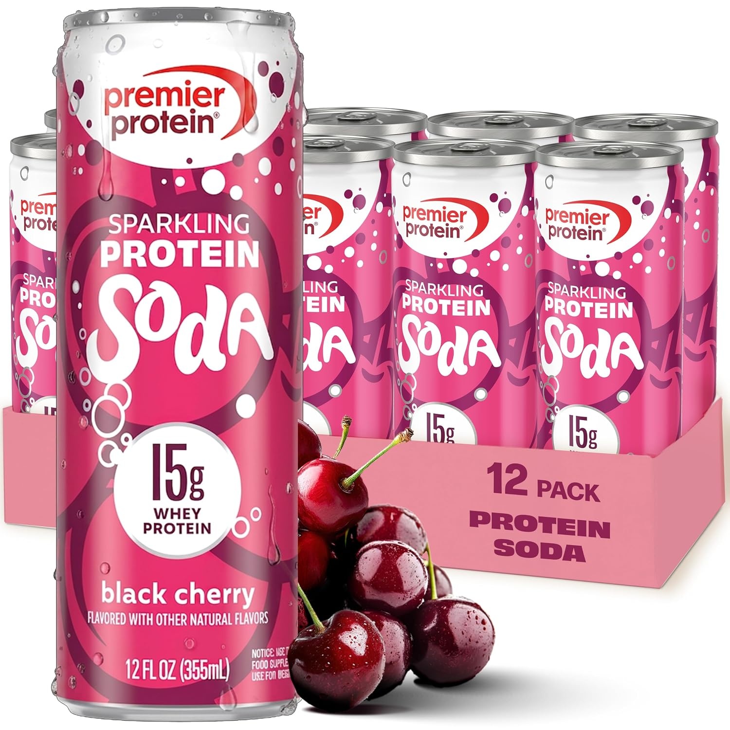 image:imagePremier Protein Sparkling Protein Soda Lemon Lime 15g Whey 12 Pack Soft Drink with Benefits 5 Ingredients No Artificial Colors or Flavors 3g Sugar 12 ozBlack Cherry