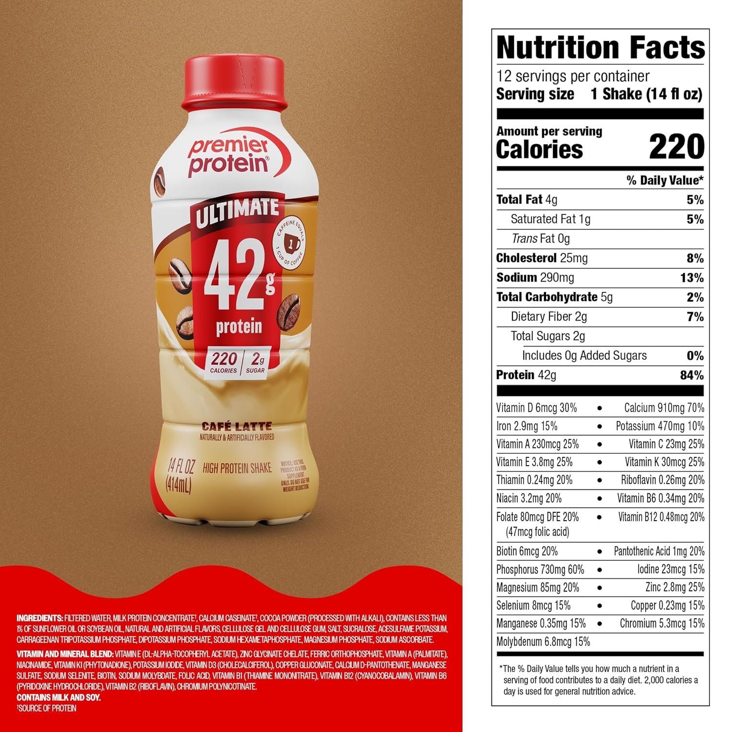 image:imagePremier Protein ULTIMATE 42g High Protein Shake Vanilla 4 Pack 220 Calories 2g Sugar 24 Vitamins amp Minerals Supports Muscle Health GlutenFree Protein Snack 14 ozCafe Latte