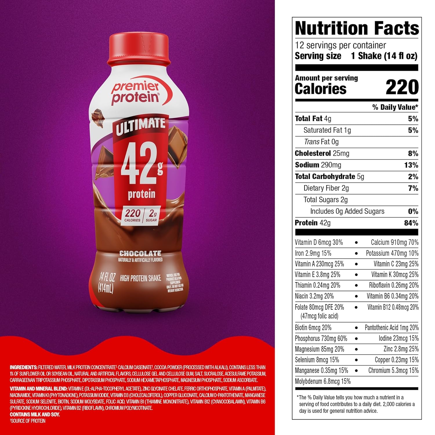 image:imagePremier Protein ULTIMATE 42g High Protein Shake Vanilla 4 Pack 220 Calories 2g Sugar 24 Vitamins amp Minerals Supports Muscle Health GlutenFree Protein Snack 14 ozChocolate