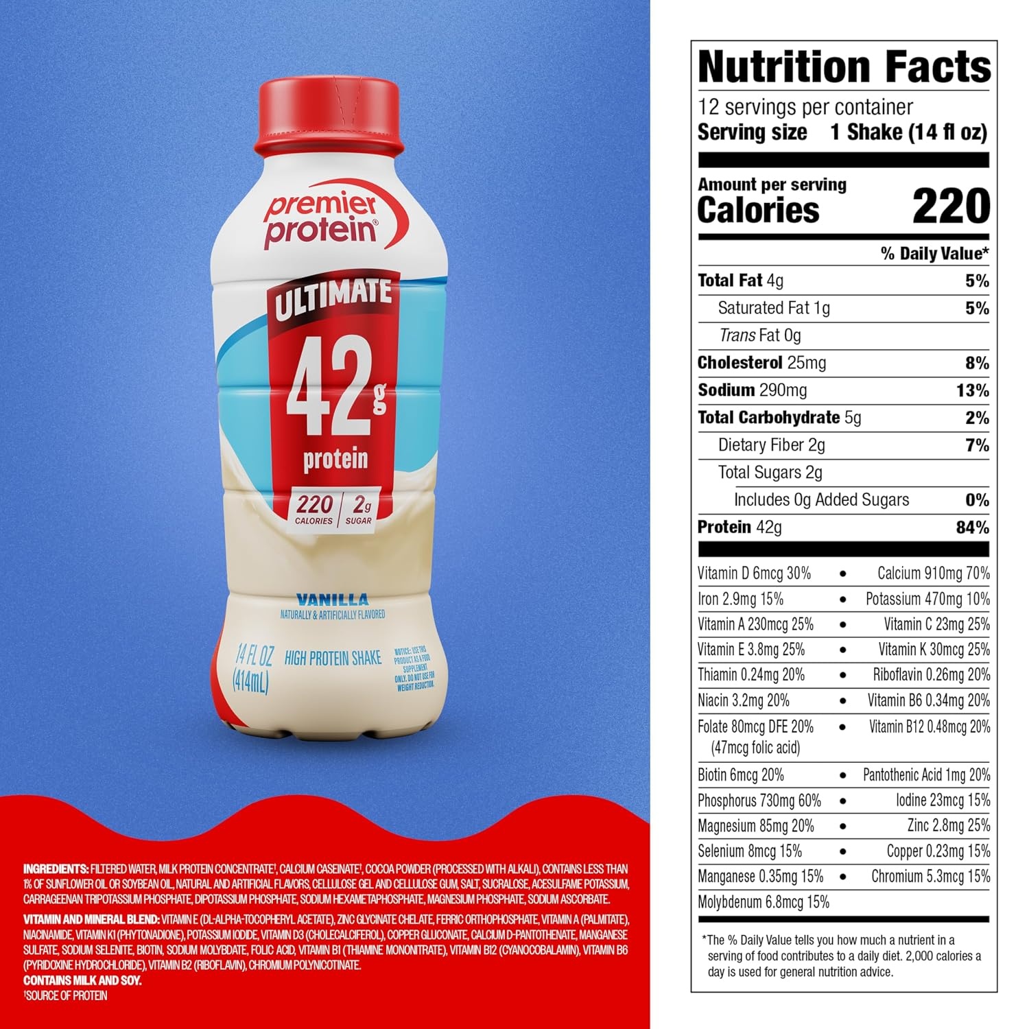 image:imagePremier Protein ULTIMATE 42g High Protein Shake Vanilla 4 Pack 220 Calories 2g Sugar 24 Vitamins amp Minerals Supports Muscle Health GlutenFree Protein Snack 14 ozVanilla