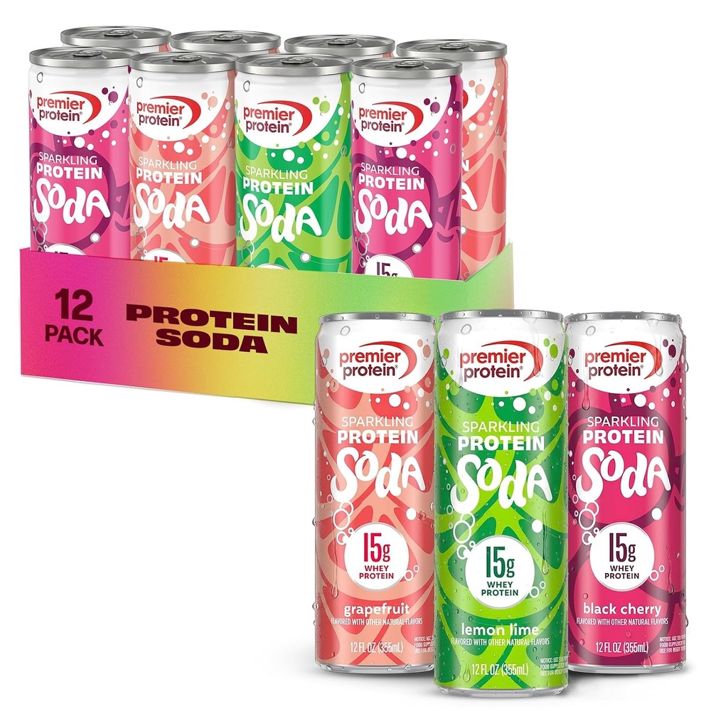 image:imagePremier Protein Sparkling Protein Soda Lemon Lime 15g Whey 12 Pack Soft Drink with Benefits 5 Ingredients No Artificial Colors or Flavors 3g Sugar 12 ozVariety Pack
