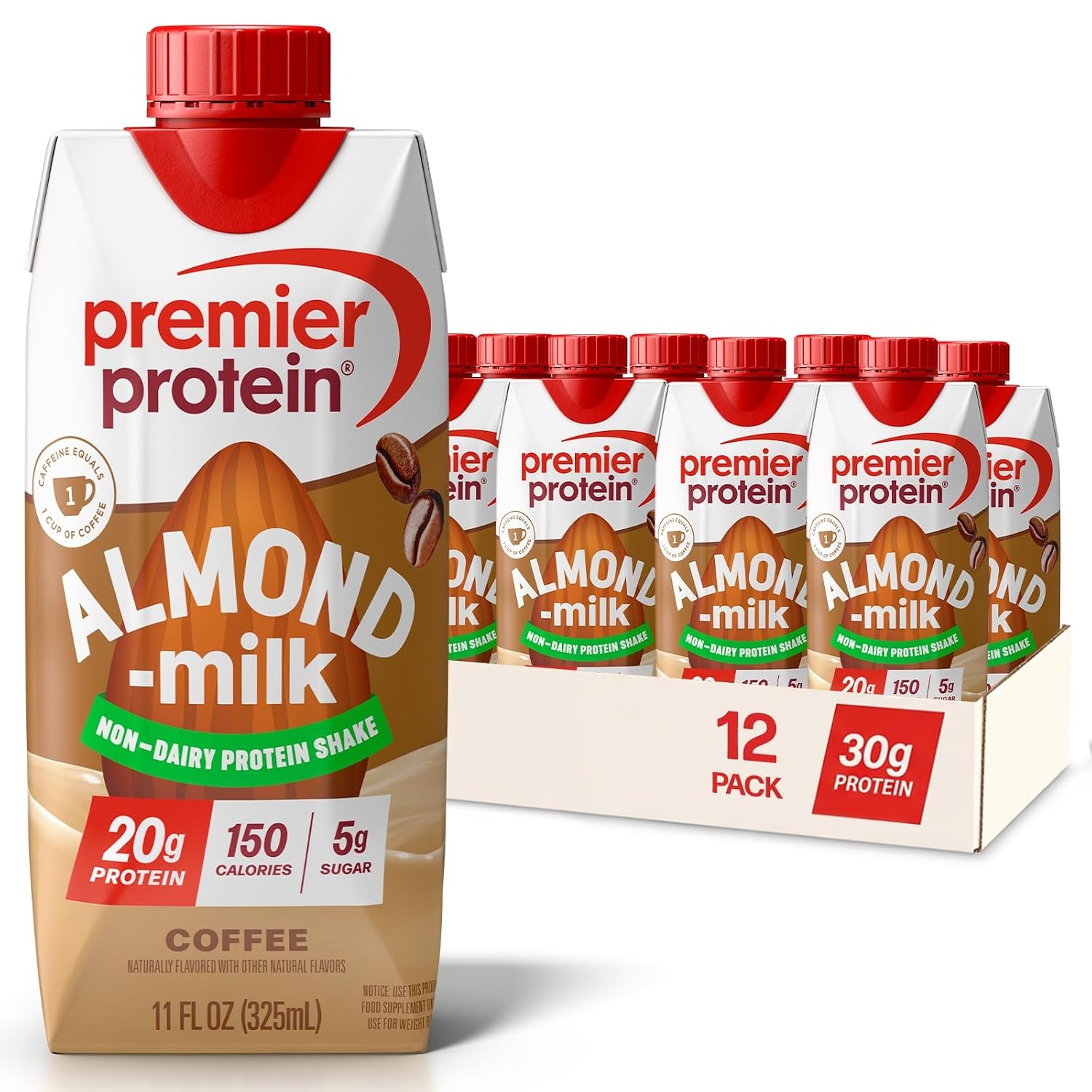 image:imagePremier Protein NonDairy Plant Based Almondmilk Protein Shake Coffee with Caffeine for Energy 20g Protein 5g Sugar 11 fl oz 12 PackCoffee