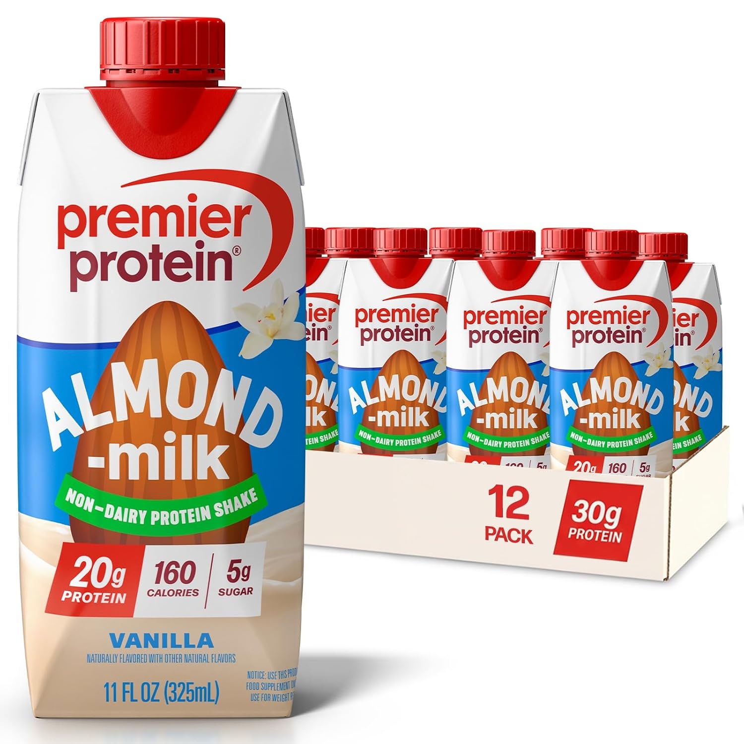 image:imagePremier Protein NonDairy Plant Based Almondmilk Protein Shake Coffee with Caffeine for Energy 20g Protein 5g Sugar 11 fl oz 12 PackVanilla